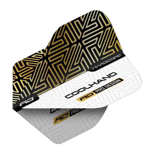 Voli standard premium Red Dragon Hardcore Luke Humphries Gold White Das Bild zeigt ein Dartflight mit einem gold-schwarzen und weißen geometrischen Muster. Auf dem Flight stehen die Wörter "COOLHAND", "RD PRO DESIGN" und "HARDCORE".