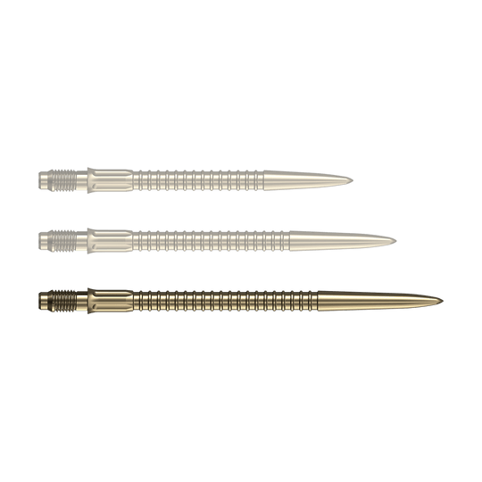 Punte per freccette Mission R2.5 Rapid Point GV1 - Oro Zu sehen ist eine einzelne goldene Dartspitze der Serie Mission R25 Rapid Point mit 40mm Länge. Die Spitze ist für den Einsatz beim Dartspiel geeignet.