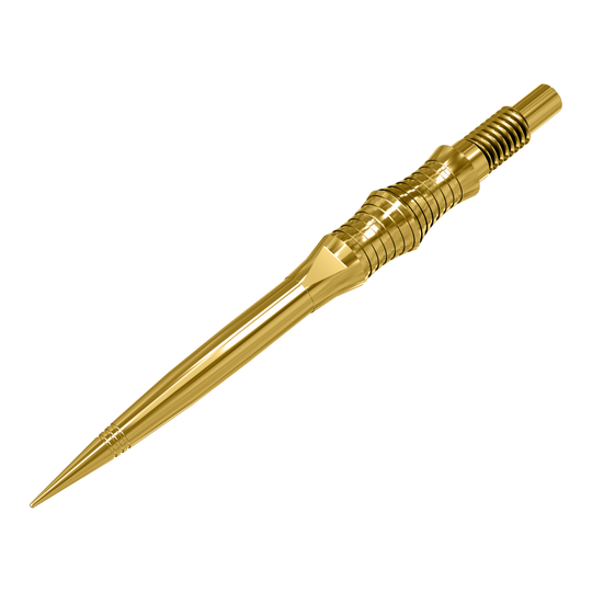 Die Apex Spire Gold Elite Series Dartspitzen werden gezeigt. Sie sind metallisch und goldfarben.