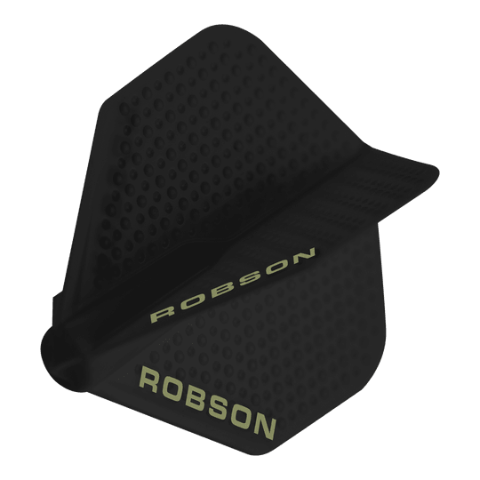Voli Robson Plus Dimple - Nero Dies ist ein schwarzer Dartflight mit einer Dimple-Oberfläche. Auf dem Flight steht der Schriftzug „ROBSON“ in heller Farbe.