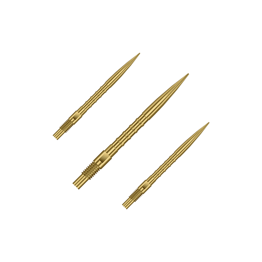 Punte per freccette Harrows Quick Point Heavy Metal - Oro Abgebildet sind goldene Dartspitzen mit 26mm Länge, dargestellt als ein Set. Es handelt sich um Harrows Quick Point Heavy Metal Grip Dartspitzen Gold 26mm im Set.