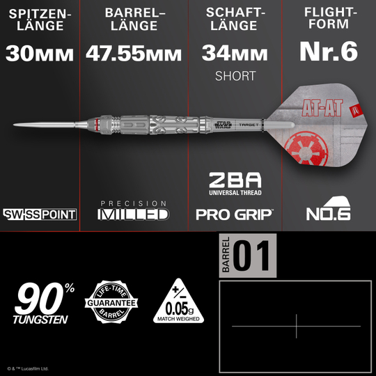 Dardi in acciaio Swiss Point a punta, bersaglio Star Wars AT-AT Das Bild zeigt die Target Star Wars AT-AT Swiss Point Steeldarts. Es handelt sich um hochwertige Steeldarts im Stil des Star Wars AT-AT.