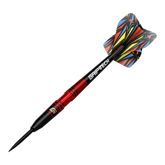 Freccette in acciaio GOAT Athlete in ottone rosso - 11 g Dies ist der GOAT Athlete Red Brass Steeldart mit einem Gewicht von 11g. Er hat ein auffälliges, bunt gemustertes Flight-Design und einen roten Griffbereich.