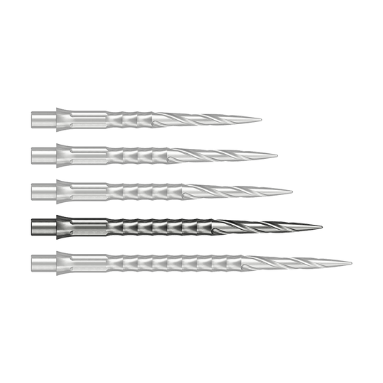 Punte per freccette in acciaio Caliburn System - Spiro - NoLip - argento Dieses Bild zeigt eine silberne Steeldartspitze mit einer Länge von 36 mm. Die Spitze gehört zum Caliburn Evo System und ist vom Typ Spiro NoLip.