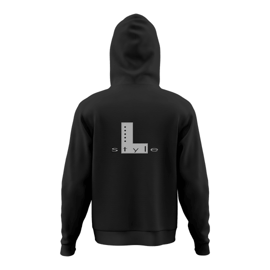 Felpa con cappuccio L-Style - Nero Der Hoodie ist schwarz und hat auf dem Rücken ein großes "L style"-Logo in Grau. Das Design ist schlicht und modern gehalten.