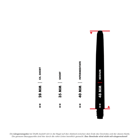 565_Nylon_Shafts_5_48mmB0amRKj8z3k8p Das Bild zeigt verschiedene Längen der Nylon Shafts - Schneeweiß, von Extra Short (28 mm) bis Medium (48 mm). Die Maße beziehen sich auf den Abstand zwischen dem Ende des Gewindes und der oberen Kante, das Gewinde wird dabei nicht mitgerechnet.