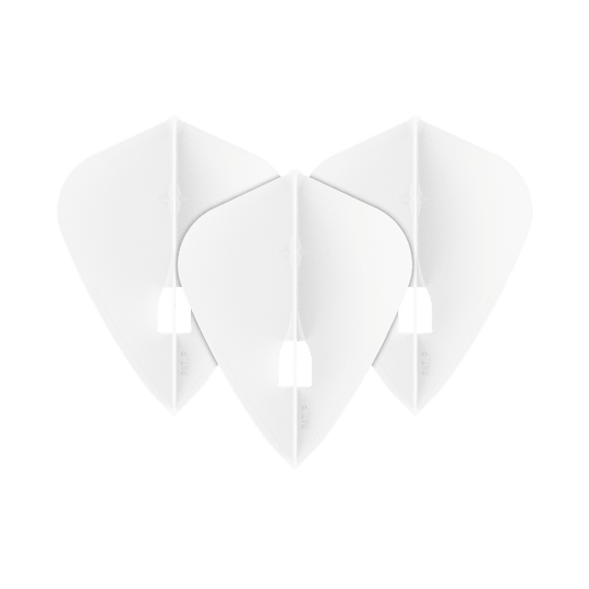 L-Style Champagne L4PRO Kite Flights Auf dem Bild sind drei weiße Dartflights in einer Drachenform zu sehen. Sie sind nebeneinander angeordnet und bilden ein Set.