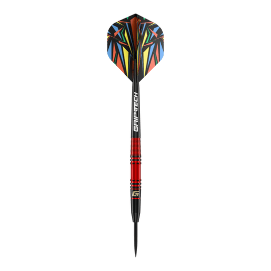 Freccette in acciaio GOAT Athlete in ottone rosso - 11 g Das Bild zeigt einen GOAT Athlete Red Brass Steeldart mit einem Gewicht von 11g. Er hat einen roten Schaft und bunte Flights mit geometrischen Mustern.