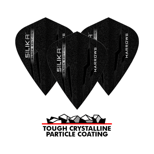 Voli per aquiloni Harrows Silika Black Edition Das Bild zeigt drei schwarze Harrows Silika Black-Edition Kite Flights mit glänzender Beschriftung. Darunter steht „Tough Crystalline Particle Coating“ mit einer Grafik von Kristallen.