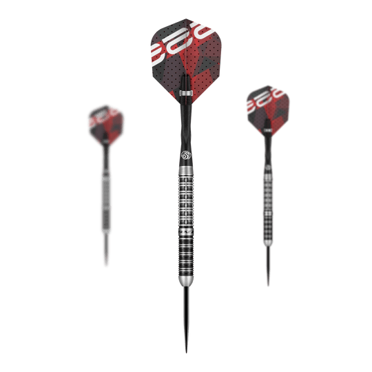 Freccette in acciaio Shot Niels Zonneveld V2 Das Bild zeigt drei Steeldarts des Modells "Shot Niels Zonneveld V2". Die Darts haben silber-schwarze Spitzen und Schäfte sowie rote und schwarze Flights mit Muster.