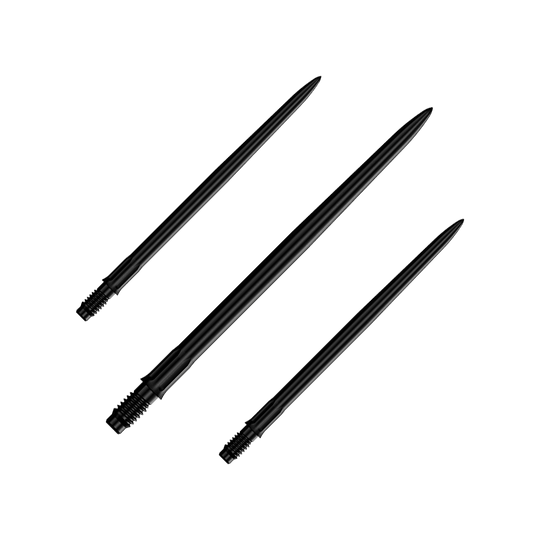 Das Bild zeigt ein Set schwarzer Dartspitzen mit einer Länge von 40mm. Es sind Mission R25 Rapid Point SM1 Dartspitzen abgebildet.