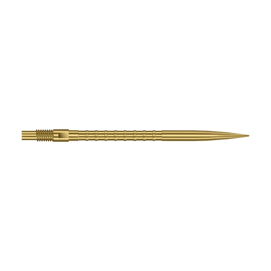 Das Foto zeigt eine 40 mm lange Harrows Quick Point Heavy Metal Grip Dartspitze in Gold. Die Spitze hebt den strukturierten Griff hervor.