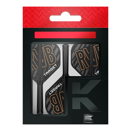 Target K-Flex Raymond Van Barneveld No2 Sistema di albero di volo standard Auf dem Bild ist eine Verpackung mit Dartflights und -schäften der Marke Target zu sehen. Die Flights tragen die Buchstaben "RVB" und sind schwarz-weiß mit orangener Schrift gestaltet.
