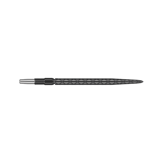 Punte per freccette Target Swiss Diamond Pro Black Points Das Bild zeigt eine schwarze Dartspitze mit rautenförmiger Struktur. Sie ist lang und schmal mit einem silbernen Gewinde am Ende.