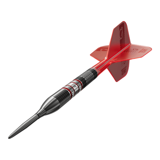 Freccette in acciaio Target Gabriel Clemens 95K Swiss Point Das Bild zeigt einen Target Gabriel Clemens 95K Swiss Point Steeldart. Der Dart hat ein schwarzes Barrel mit roten Akzenten und rote Flights.