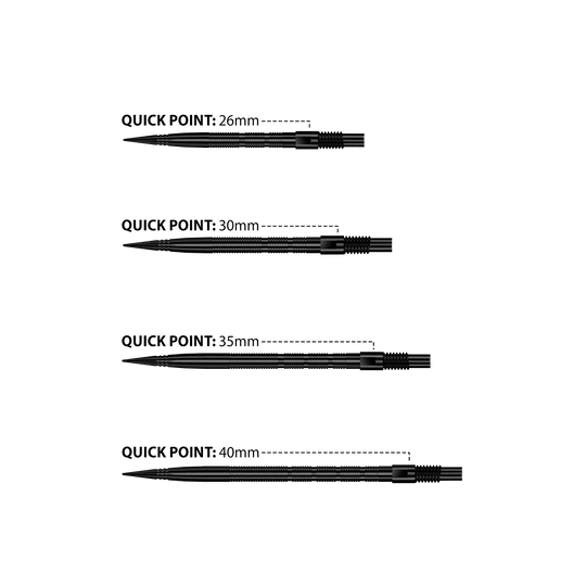 Das Bild zeigt Harrows Quick Point Micro Ridge Dartspitzen in Schwarz. Die Dartspitzen sind schlank und für präzises Werfen geeignet.