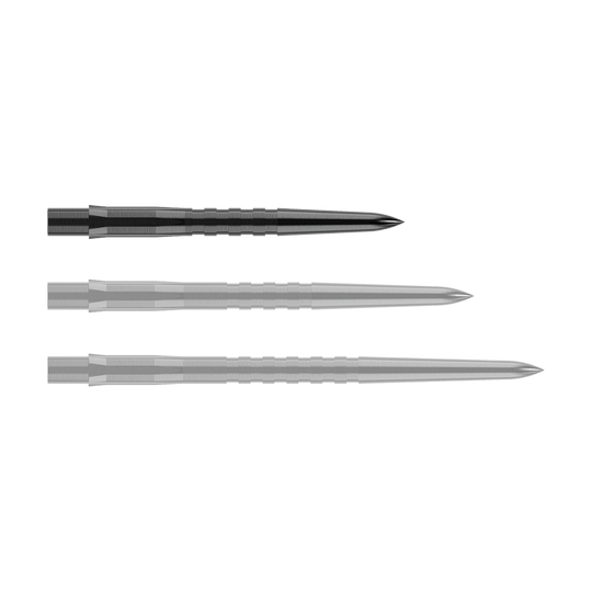 Punte per freccette Mission Caliburn EVO - Scanalate - Nere Auf dem Bild sind drei schwarze, gerillte Steeldartspitzen zu sehen. Sie liegen parallel nebeneinander auf einem transparenten Hintergrund.