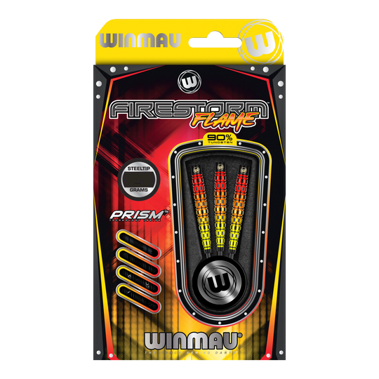 Dardi in acciaio affusolati Winmau Firestorm Flame Das Bild zeigt die Verpackung der "Winmau Firestorm Flame Tapered Steeldarts". In der Verpackung sind drei bunte Stahlspitzendarts mit einem auffälligen Flammen-Design zu sehen.