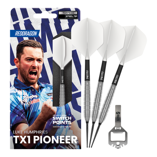 Freccette in acciaio Red Dragon Luke Humphries TX1 Pioneer Switch Point Dieses Bild zeigt die Red Dragon Luke Humphries TX1 Pioneer Switch Point Steeldarts in voller Ansicht. Die Darts sind für Präzision und hohe Leistung bekannt.