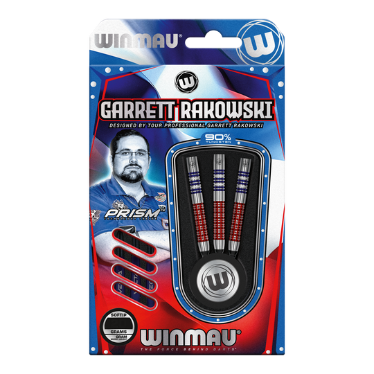 Freccette morbide Winmau Garrett Rakowski - 20g Auf dem Bild ist eine Verpackung der "Winmau Garrett Rakowski Softdarts - 20g" zu sehen. Die Verpackung zeigt die Darts sowie ein Bild von Garrett Rakowski und ist in Blau, Rot und Weiß gestaltet.