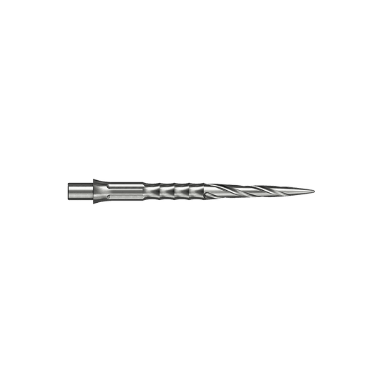 Punte per freccette in acciaio Caliburn System - Spiro - NoLip - argento Zwei silberne Steeldartspitzen sind abgebildet. Die Spitzen sind 30 mm lang und haben ein Spiro NoLip Design.