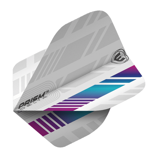 6915-213_Winmau_Prism_Delta_6915-213_Standard_Flights_2 Das Bild zeigt ein Winmau Prism Delta 6915.213 Standard Flight für Darts. Das Flight hat ein modernes Design mit grauen, lila und blauen Mustern.