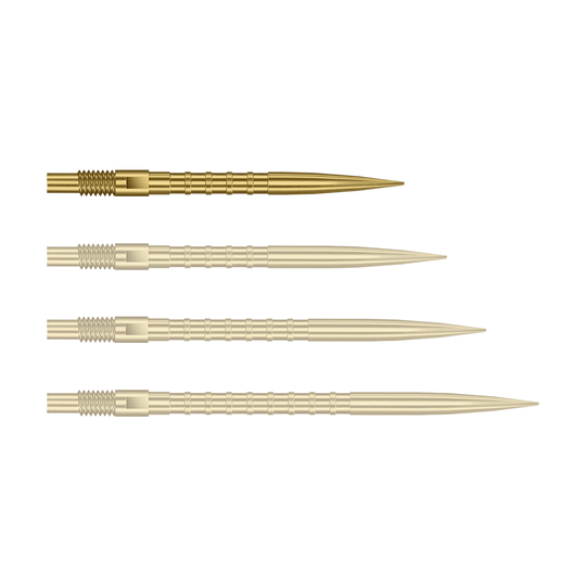Punte per freccette Harrows Quick Point Heavy Metal - Oro Das Bild zeigt Dartspitzen mit starkem Metallgriff in goldener Farbe und 26mm Länge. Das Produkt ist Harrows Quick Point Heavy Metal Grip Dartspitzen Gold 26mm.