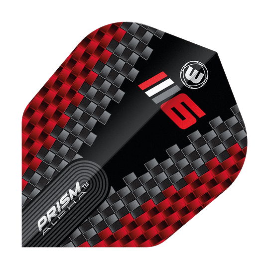 Voli Winmau Prism Alpha Blade 6 Chevron No6 Das Bild zeigt ein Dart-Flight mit einem modernen, roten und grauen Karomuster. Auf dem Flight stehen die Worte "PRISM ALPHA" sowie die Zahl "6" und das Winmau-Logo.