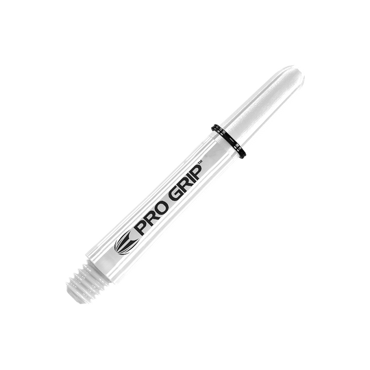 Target Pro Grip Shafts - 3 set - Bianco Dies ist ein weißer Dart-Schaft mit der Aufschrift "PRO GRIP". Er hat ein glattes Design und ist am oberen Ende mit einem schwarzen Ring versehen.