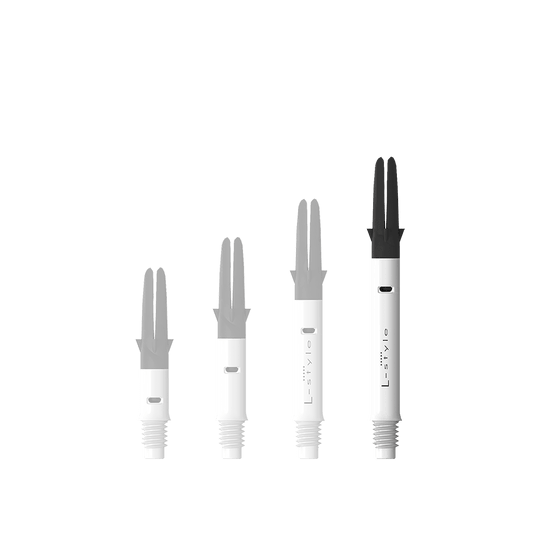 Das Bild zeigt den L-Style L-Shaft Carbon Silent Straight in Weiß, Modell 330. Der Artikel ist ein stabiler Schaft für Dartpfeile.