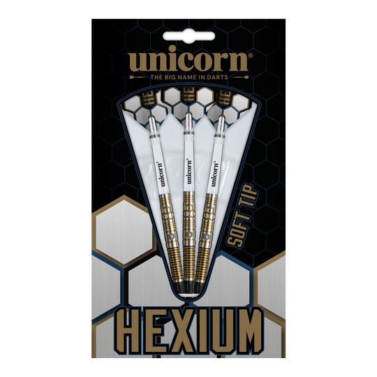 Freccette morbide Unicorn Hexium Style 03 Oro e Nero - 23 g Abgebildet sind die Unicorn Hexium Style 03 Gold & Black Softdarts mit 23g. Die Pfeile zeichnen sich durch ihr elegantes Design in Gold und Schwarz aus.