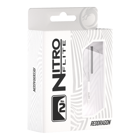 Voli Red Dragon Nitroflite - White Shaft Clear No2 Die Abbildung zeigt die Verpackung der „Red Dragon Nitroflite - White Shaft Clear No2 Flights“. Die Verpackung ist überwiegend weiß und hat ein Sichtfenster, durch das die Dartflights zu sehen sind.