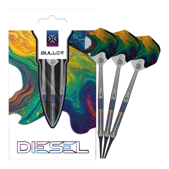 Auf dem Foto sind Bullet Diesel V2 20g Soft Darts zu sehen. Sie eignen sich gut für Softdartspieler.