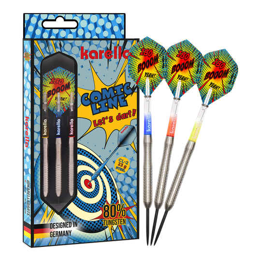 Freccette in acciaio Karella Comic Line CL-2 - 23 g Zu sehen ist das vollständige Set der Karella Comic Line CL-2 Steeldarts in 23g. Die Steeldarts bieten eine gute Balance für ambitionierte Spieler.
