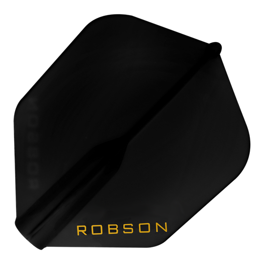 Voli Robson Plus - NO6 Auf dem Bild ist ein schwarzes Dart-Flight zu sehen. In einer Ecke steht das Wort "ROBSON" in gelber Schrift.
