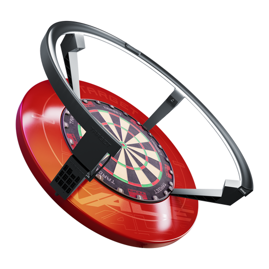 Sistema di punteggio automatico Target OMNI Das Bild zeigt das Produkt "Target OMNI Auto-Scoring-System", ein innovatives automatisches Punktesystem für Dartscheiben. Es besteht aus einem roten Sockel, einer Dartscheibe und einem großen schwarzen Ring, der über der Scheibe angebracht ist.
