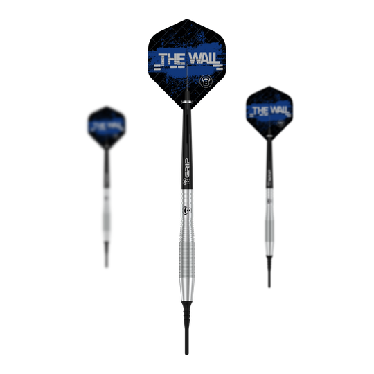 Freccette morbide Bulls Martin Schindler TW80 - 18 g Das Bild zeigt drei Softdarts des Modells "Bulls Martin Schindler TW80" mit einem Gewicht von 18g. Die Flights der Darts sind schwarz-blau und tragen die Aufschrift "THE WALL".