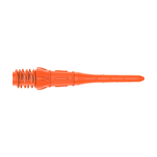Das Bild zeigt eine orangefarbene Dartspitze aus Kunststoff. Sie hat ein Gewinde am einen Ende und ist am anderen Ende spitz zulaufend.