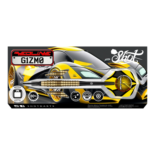 Freccette morbide Shot Redline Gizmo - 20 g Auf dem Bild ist das Produkt "Shot Redline Gizmo Softdarts - 20g" abgebildet. Im Hintergrund ist ein sportliches, gelb-schwarzes Auto zu sehen, das das dynamische Design der Softdarts unterstreicht.