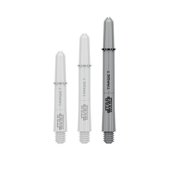 Aste Target Star Wars ProGrip - Grigio Das Bild zeigt ein Dart-Zubehör mit dem Dateinamen 380432_Target_StarWars_ProGrip_Shafts_Grau_Medium_48mm_1. Es handelt sich wahrscheinlich um einen einzelnen grauen Medium ProGrip Shaft von Star Wars mit 48mm Länge.