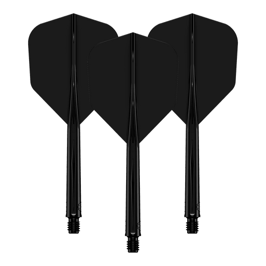 Sistema di alberi di volo Mission Force 90 No6 - Nero Auf dem Bild sind drei schwarze Dartflights mit passenden Shafts zu sehen. Sie stehen nebeneinander und sind identisch gestaltet.
