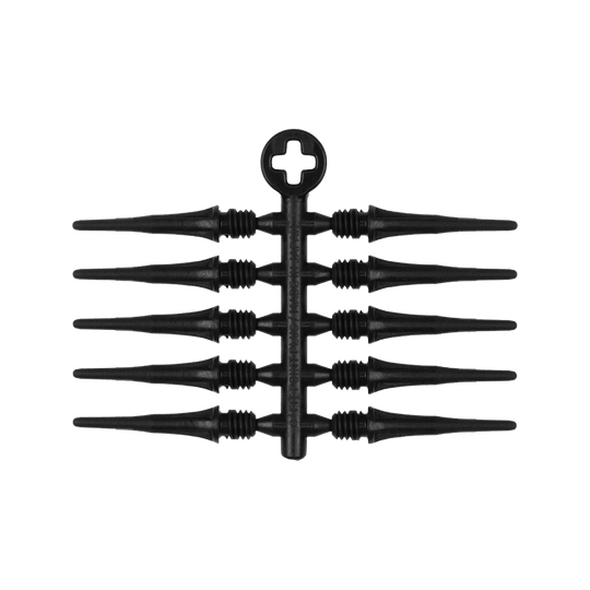 X9078_Cosmo_Fit_Point_Plus_2BA_Spitzen_Schwarz_2 Das Bild zeigt eine schwarze Kunststoffhalterung mit acht austauschbaren Dartspitzen. In der Mitte befindet sich ein rundes Element mit einem Kreuzmuster.