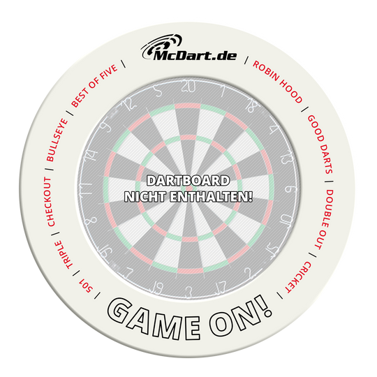 Gioco McDart sul bersaglio delle freccette Ein weiteres weißes Dartboard-Surround ist abgebildet. Es schützt die Umgebung des Dartboards vor Treffern.