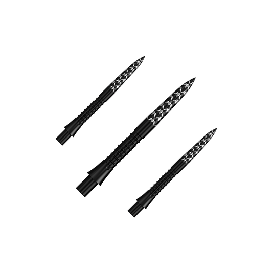 Punte per freccette Mission Caliburn EVO con logo GV - Nero Das Bild zeigt ein Set schwarzer Steeldartspitzen mit GV-Logo, 26 mm lang. Diese Spitzen sind speziell für Dartpfeile entwickelt worden.