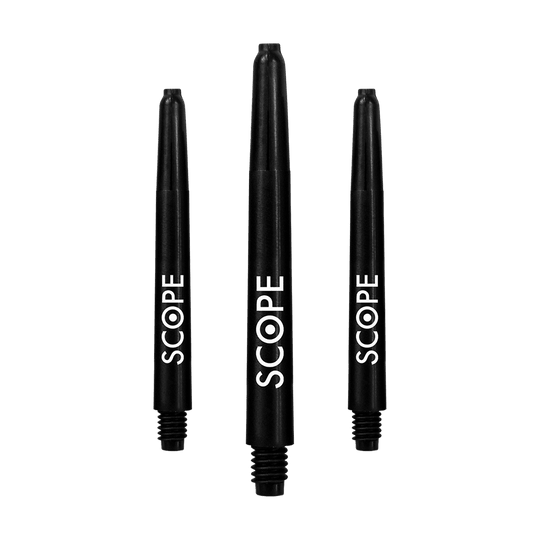 Auf dem Bild sind drei schwarze McDart Scope Nylon Shafts zu sehen. Auf jedem Schaft steht das Wort "SCOPE" in weißer Schrift.