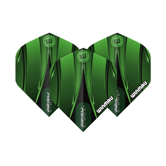 Das Bild zeigt drei grüne Dart-Flights des Modells „Winmau Alpha Sniper Green Standard Flights“. Die Flights haben ein modernes, grünes Design mit schwarzen Akzenten und dem weißen Winmau-Logo.