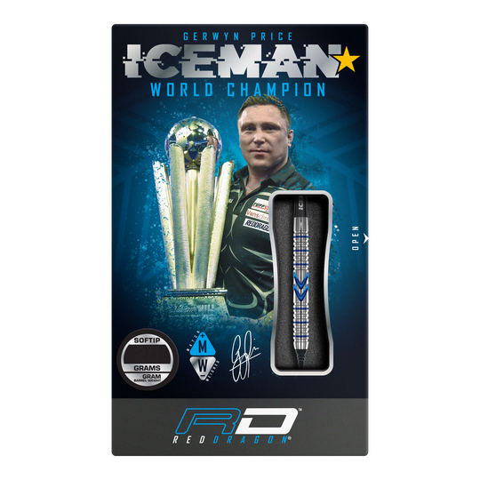Freccette morbide Red Dragon Gerwyn Price Iceman Midnight Edition - 20 g Die Verpackung zeigt die Red Dragon Gerwyn Price Iceman Midnight Edition Softdarts mit einem Gewicht von 20g. Auf der Vorderseite sind ein Bild von Gerwyn Price und ein Dartpfeil abgebildet.