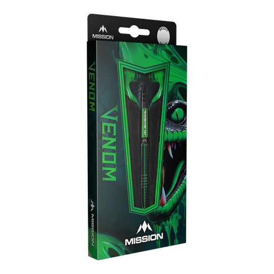 Freccette in acciaio Mission Venom Die Abbildung zeigt eine Packung der "Mission Venom Steeldarts". Die Verpackung ist hauptsächlich grün und schwarz gestaltet und zeigt ein auffälliges Schlangendesign.