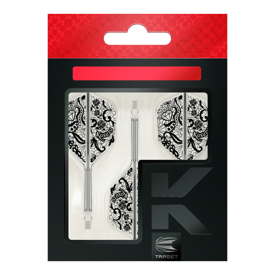 Sistema di alberi di volo Target Japan K-Flex Diamond No6 Das Bild zeigt die Verpackung des Produkts "Target Japan K-Flex Diamond No6 Flight-Shaft-System". Zu sehen sind drei transparente Dartschäfte mit weißen Flights, die ein detailliertes, schwarzes Muster haben.