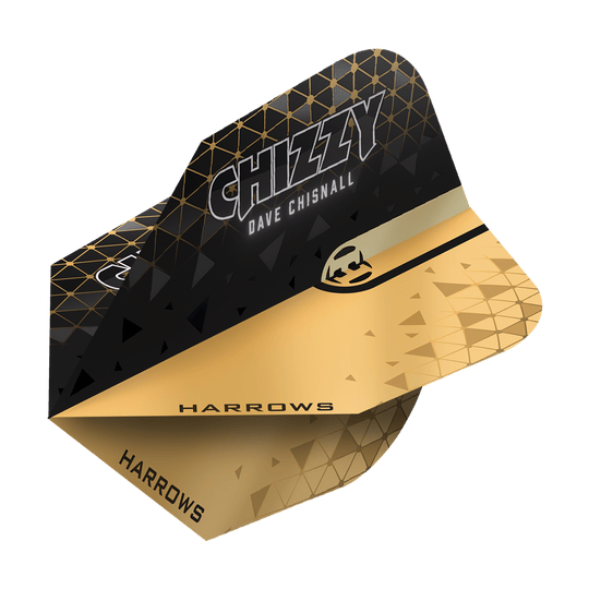 Harrows Prime Dave Chisnall Chizzy 2 n. 6 voli Das Bild zeigt ein Harrows Prime Dave Chisnall Chizzy 2 No6 Flight. Das Flight ist schwarz-gold gestaltet und trägt den Aufdruck "CHIZZY DAVE CHISNALL" sowie das Harrows-Logo.